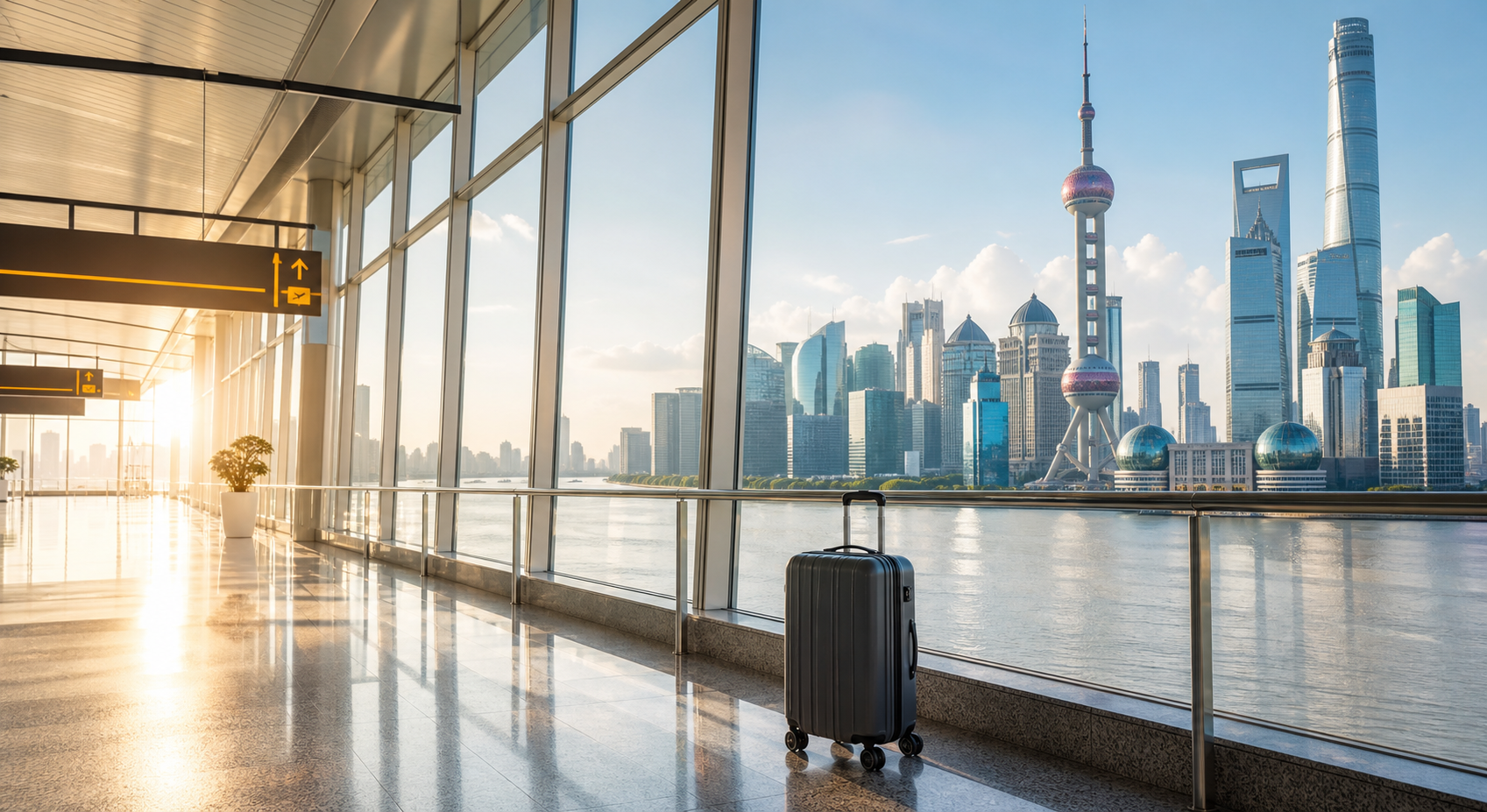 Bright airport arrival hall with China city skyline